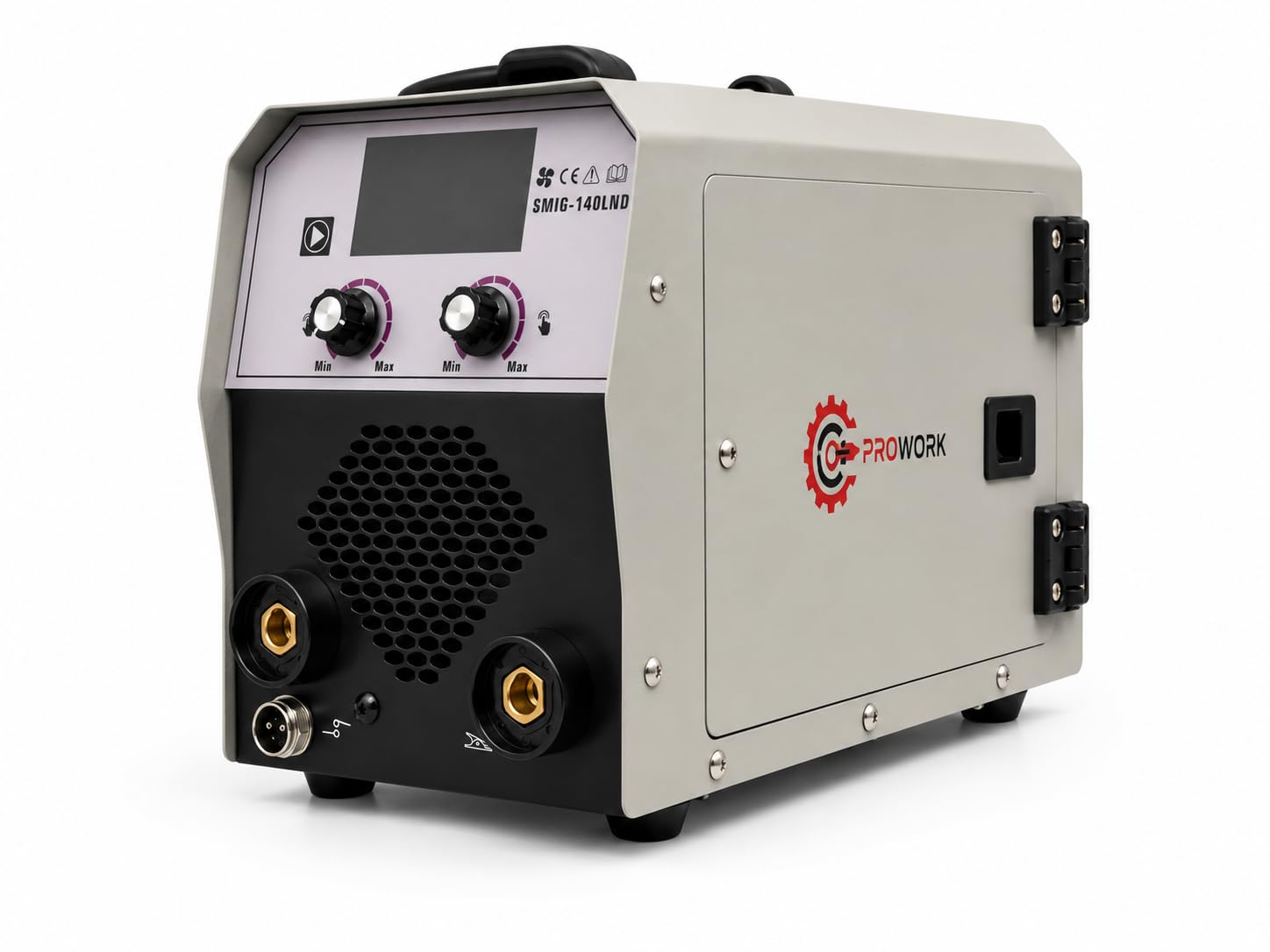 Saldatrice Inverter PROWORK SMIG-140LND MIG/MAG FLUX MMA 140A 230V Sinergica, No Gas e Gas, Display Digitale, IGBT, Filo Animato 0,8-1,0 mm, Elettrodi 1,6-3,2 mm