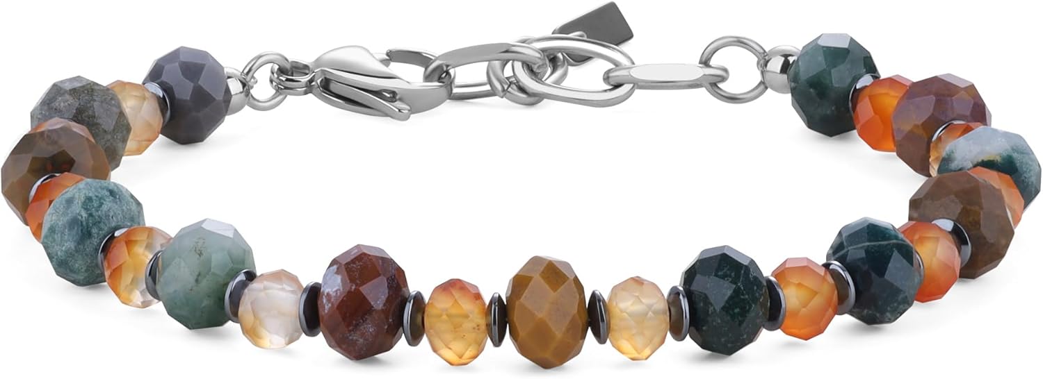COAI Men's Beaded Bracelet, Natural Healing Crystal Bracelet with Hematite, Indian Agate & Orange Agate