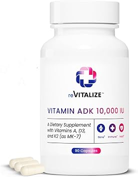 REVITALIZE ADK Vitamin Supplement 10,000 IU - 90 Servings, High Potency Vitamin A, D3 & K2 MK-7 for Bone Strength | Supports Heart Health and Immune Function - Convenient Capsule Form