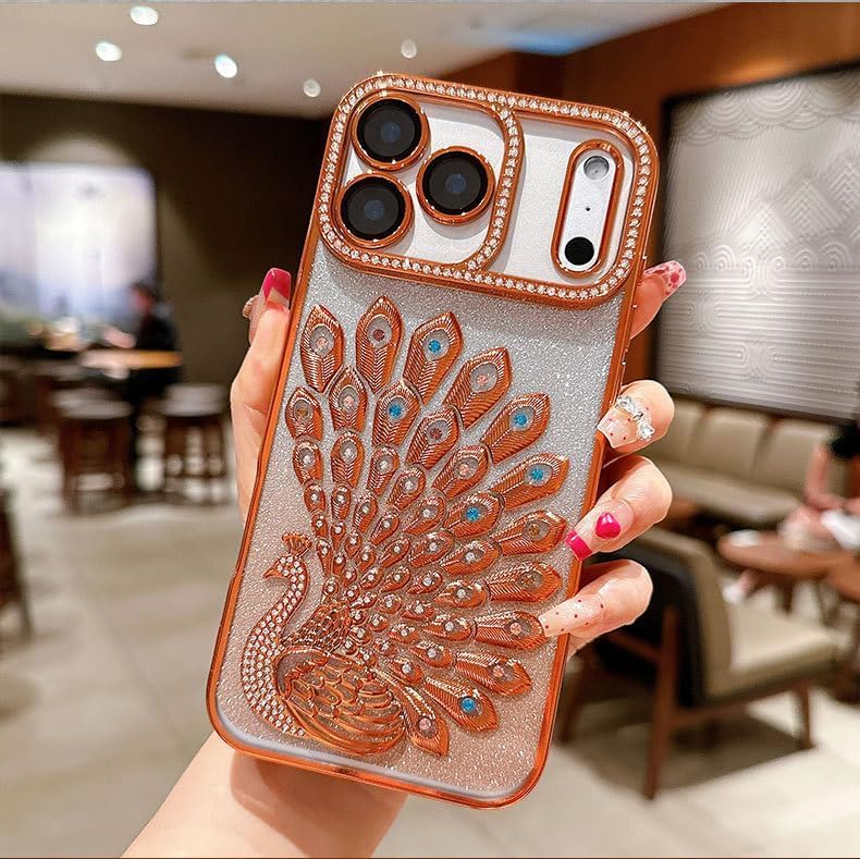 Image of mobistyle Designed for iPhone 17 Pro,3D Diamond Luxury Electroplate Glitter Peacock Tail Bling Design Camera Protection Shockproof Phone Back Cover Case for (Orange, iPhone 17 Pro)