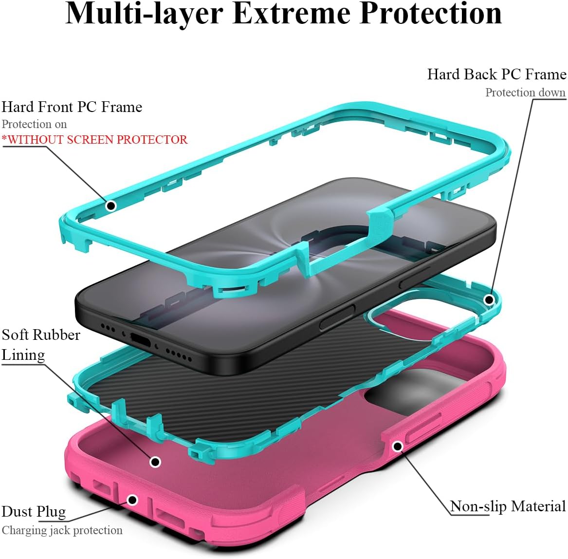 MMHUO Designed for iPhone 16 Case,3 Layers Military Grade Full Body Protection,[Without Screen Protector][Dustproof Port Protection] Shockproof Rugged Non Slip Hard Cover for iPhone 16,Rose/Green - Image 2