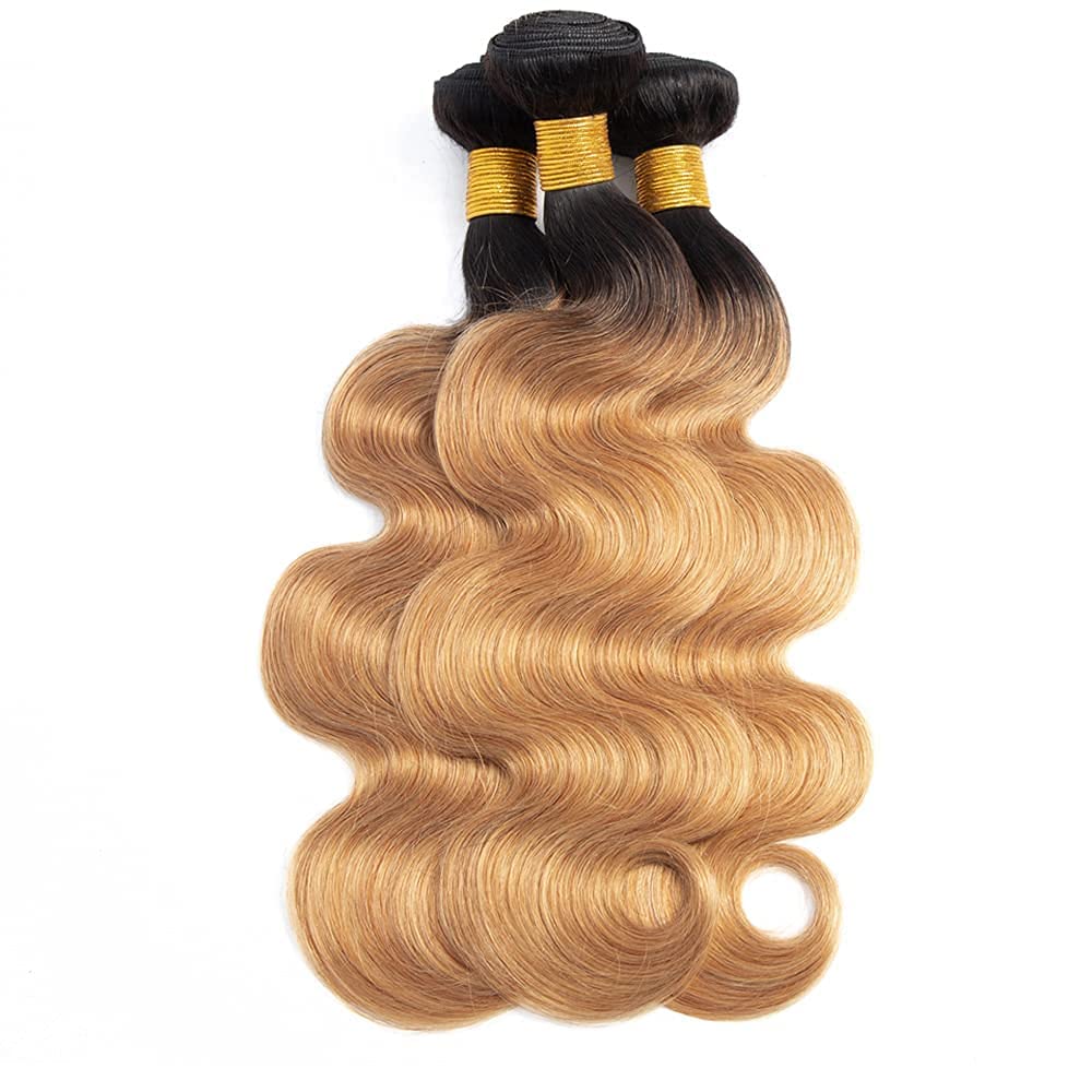 Honey Blonde Body Wave Bundles Human Hair T1B/27 Ombre Bundles Double Weft Brazilian Human Hair Sew-In Weave Extensions 26 28 30 Inch（Black Ombre Honey Blonde）