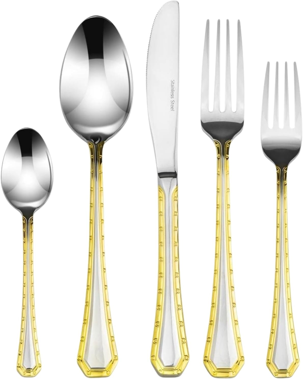 18/10 Stainless Steel Flatware Set - 20pc Italian Collection Style Tableware with Gold Geometric Border - Elegant Design for Home and Kitchen Use - Ideal for Wedding Gifts (Damascus (20 Piece)