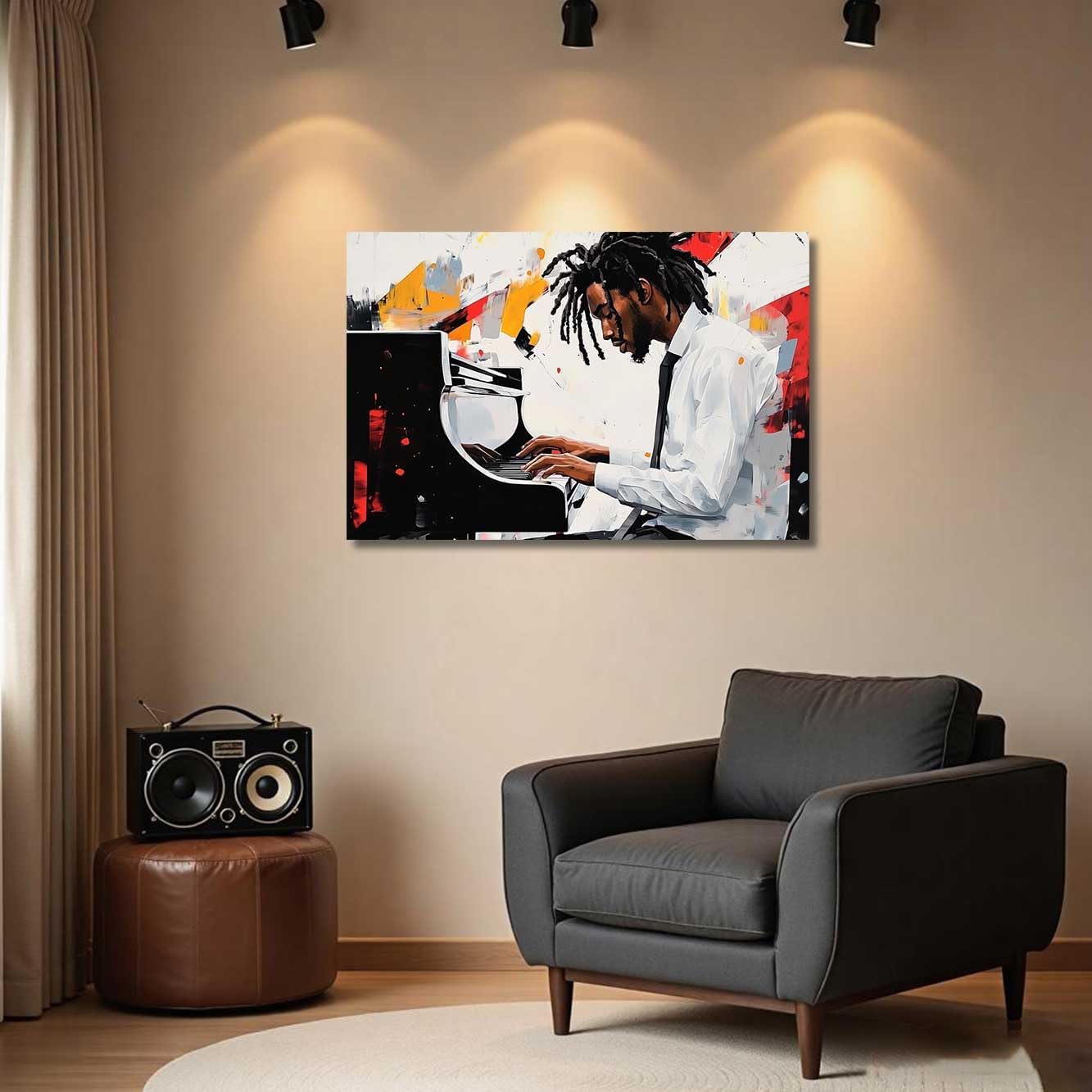BJYCHG Black Music Canvas Wall Art Black Man Playing Piano Pictures Abstract Jazz Street Culture Poster Prints African American Paintings Music Studio Room Decor Framed (12L x 18W)