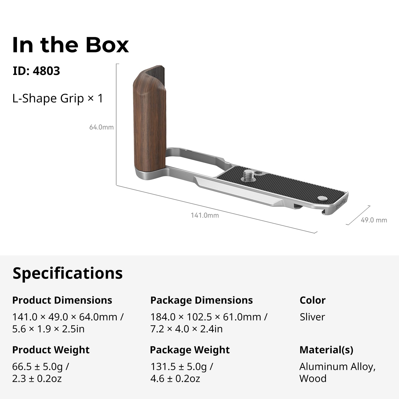 SMALLRIG Z FC Empuñadura de Madera, Soporte de Agarre en Forma de L Cámara para Nikon Z FC, con Orificio Roscado de 1/4"-20, Zapata Fría, Placa de Liberación Rápida para Arca (Plateada) - 4803