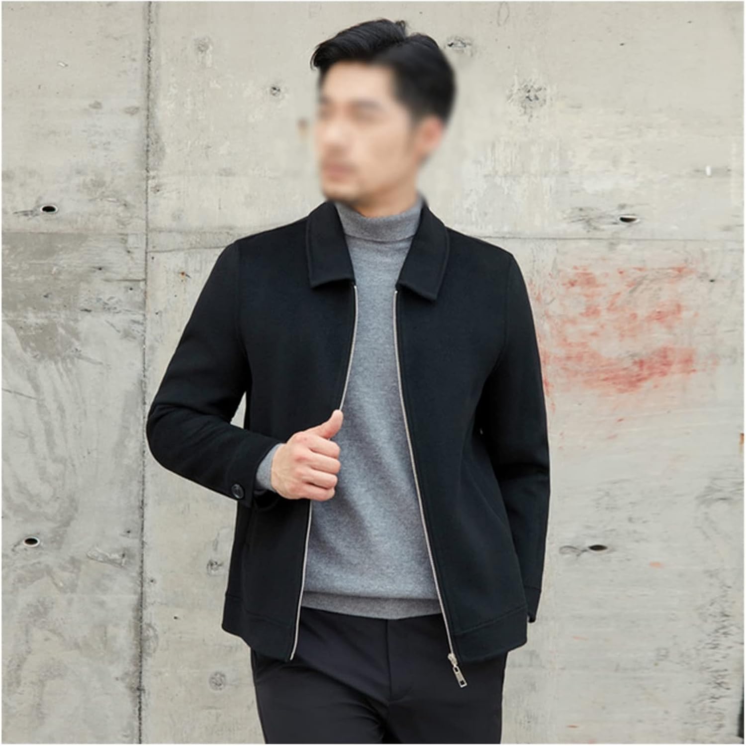 Men's Autumn and Winter Double-Sided Tweed Coat Casual Business with Zipper Lapel Coat(L Code)
