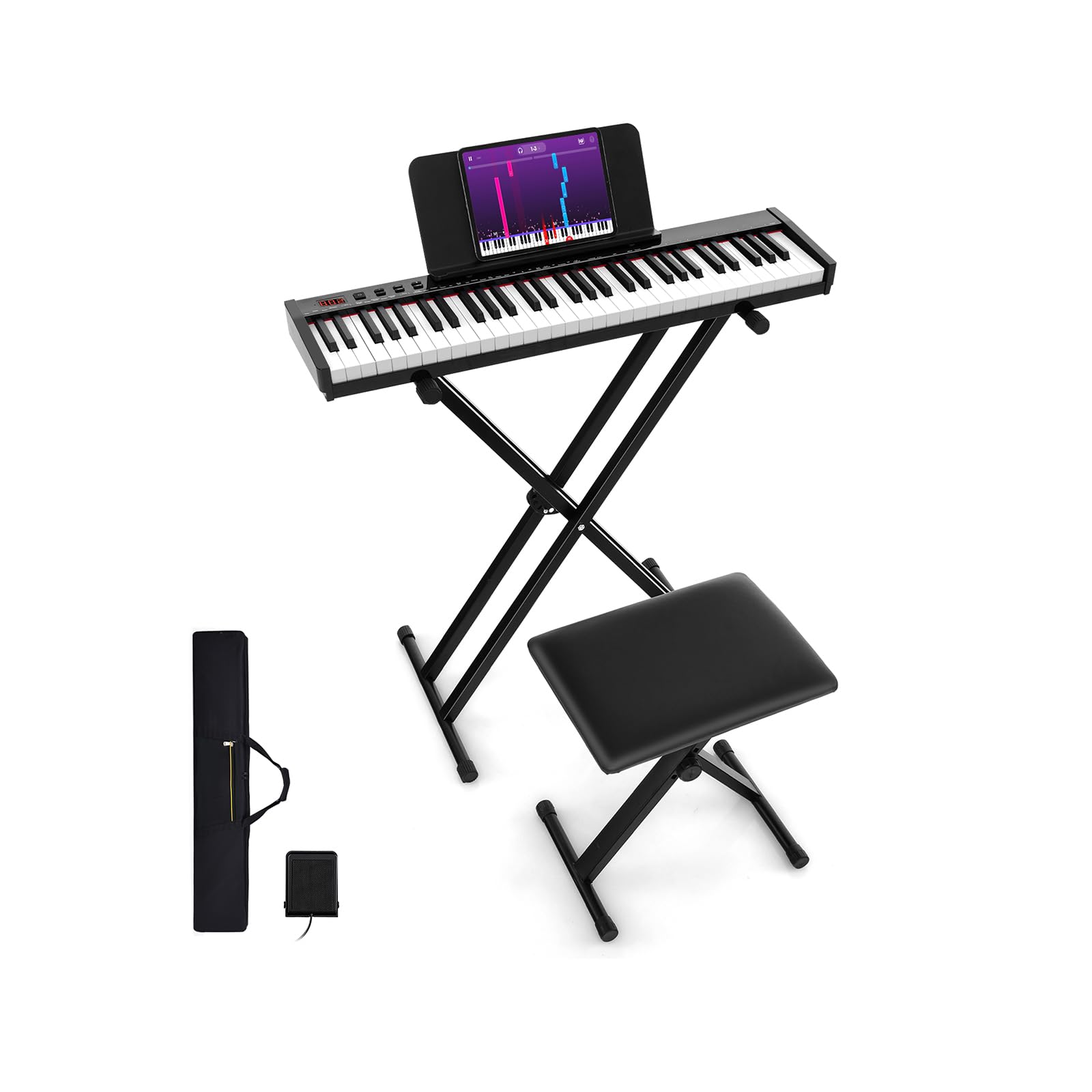 RELAX4LIFE Pianoforte Elettrico Portatile a 61 Tasti, Tastiera Elettrica con Supporto e Sgabello, Set di Pianoforte Digitale con Tasti Semi-Pesati, Funzione Audio MIDI Wireless, Pedale di Sustain