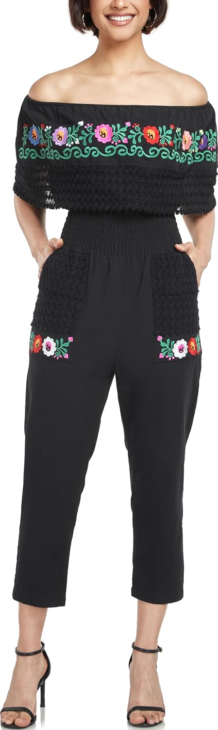 YZXDORWJ Women's Mexican Floral Embroidered Jumpsuits Casual Lace Short Sleeves Pants with Two Pockets