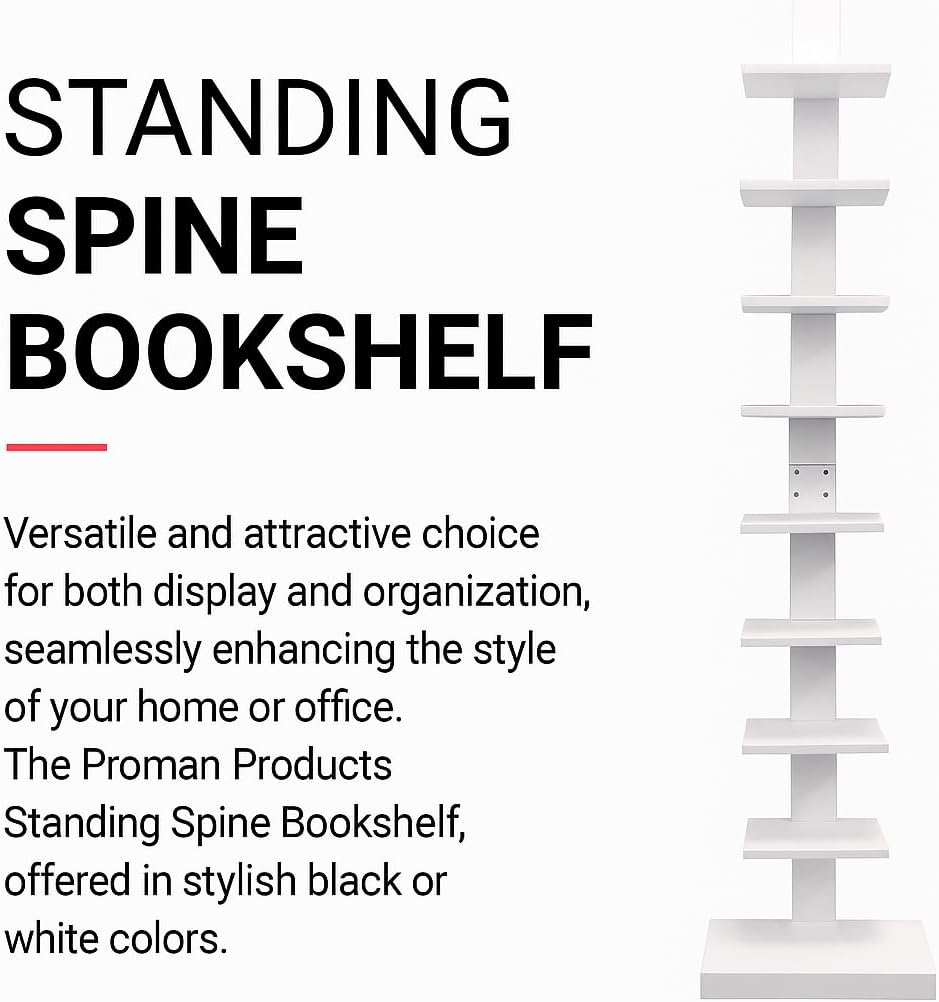 Proman Products - Standing Spine Bookshelf, Bookshelf for Small Spaces, Standing Shelves (White)