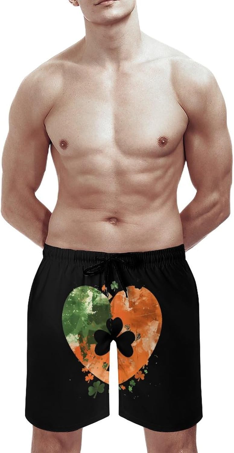 St. Patricks Shamrock_ Ireland Flag Clover Heart Casual Men's Swim Trunks Novelty Summer Beach Shorts Swimwear with Pocket