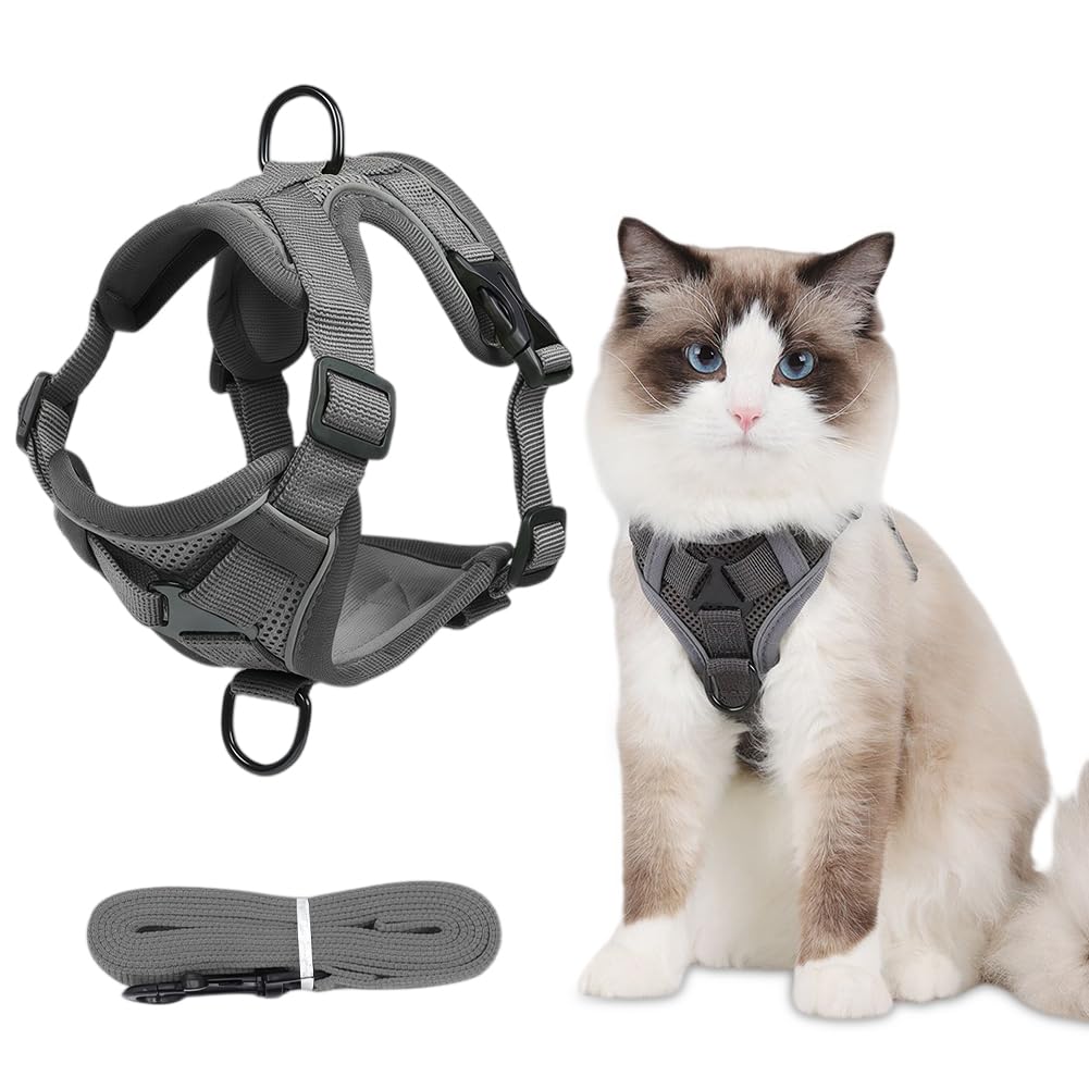 Cat Harness and Leash, Adjustable Cat Kitten Harness Set, Breathable Cats leash Small Dog Harness with Leash, Escape Proof Cat Harness Lead Set, for Small Medium Large Cats, Grey -S