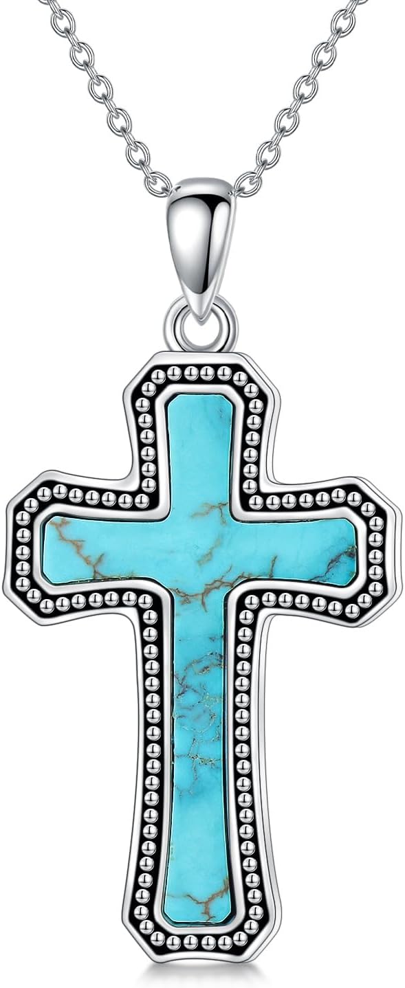 Turquoise Cross Necklace 925 Sterling Silver Turquoise Gemstone Religious Cross Pendant Southwestern Simple Jewelry for Women