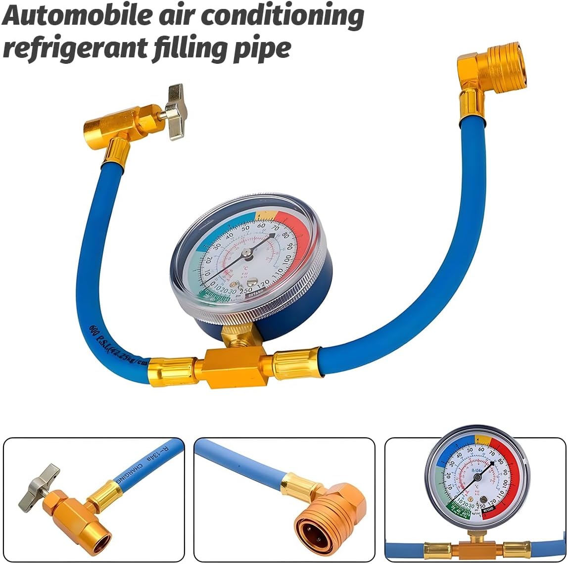 R134A Car AC Refrigerant Charge Hose Kit, Vehicle Air Conditioning Recharge Hose with Pressure Gauge, Automotive AC Refrigerant Recharging Hose Measuring Kit, Universal Fit