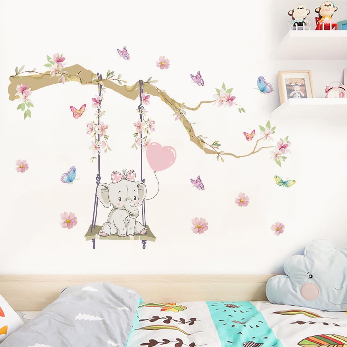 Kibi Wall Sticker for Children with Elephant on Swing Butterflies and Flowers, Wall Stickers for Children's Bedroom - Image 3