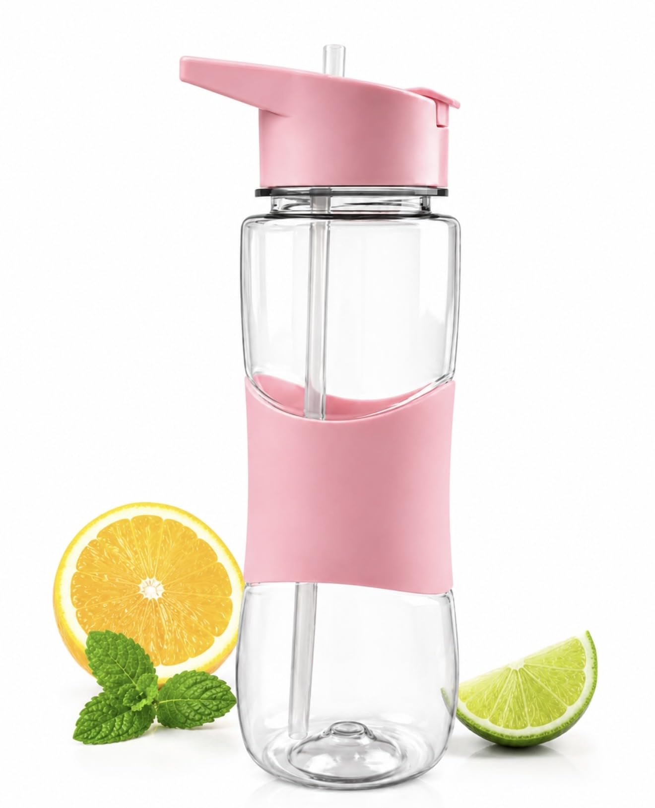Sports Water Bottle with Straw, Pink, Silicone Grip, 650 ml, Flip Lid, for Gym