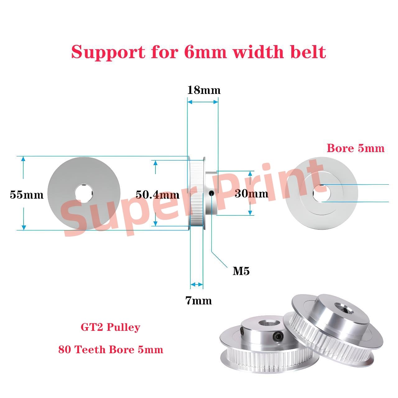 Super Print GT2 Riemenscheibe 80 Zähne 80 Teeth 5mm Bohrung 6mm Breite Zahnriemenscheibe Aluminium 80T 5mm für Voron 2.4 für 6mm Breite GT2 Zahnriemen für 3D Drucker,CNC (4 Stück)