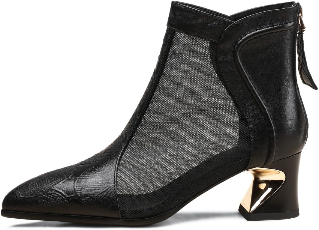 TinaCus Women's Pointed Toe Genuine Leather & Mesh Handmade Chunky Heels Casual Summer Booties with Zipper