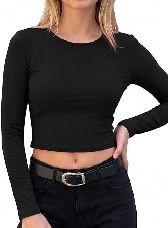 Womens Long Sleeve Crop Top Scoop Neck Sexy Slim Fitted Casual Base Layer Lightweight Soft Workout Shirt Going Out Tops