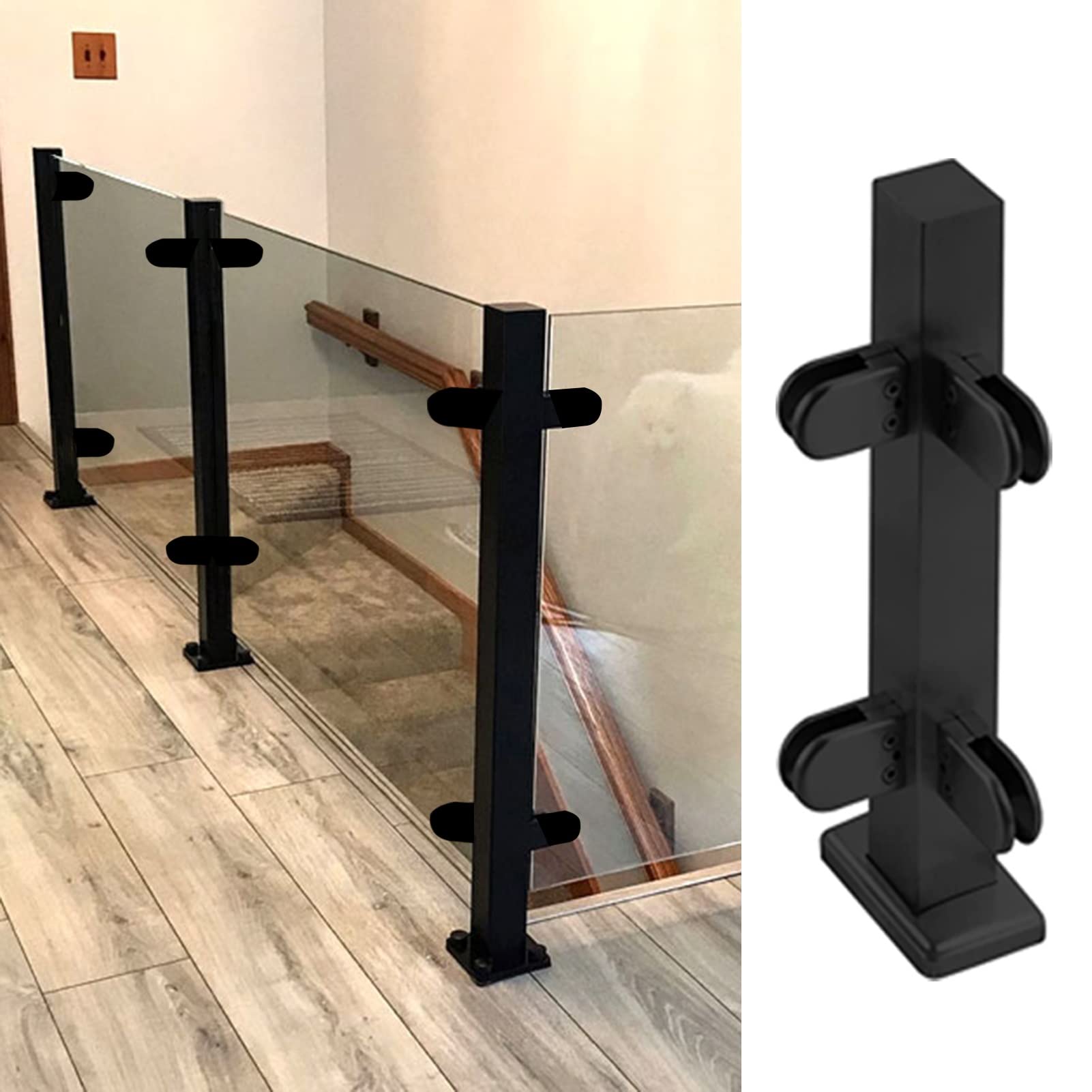 Poteau garde-corps carré en verre noir pour sécuriser les escaliers