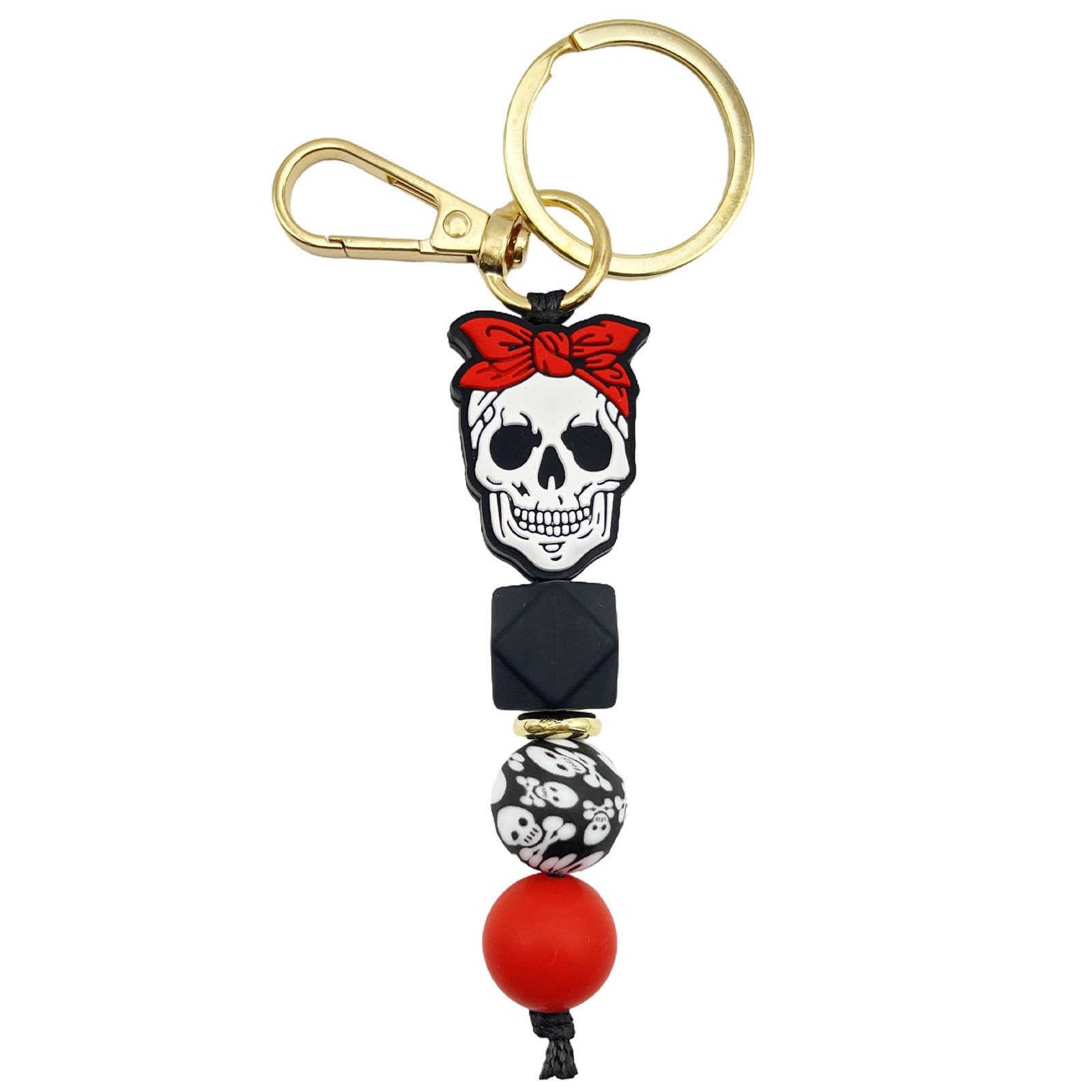 Skull Beaded Wristlet Keychain for Women, Silicone Bracelet, Elastic Bangle Car Key Holder Wrist Bracelet Keyring