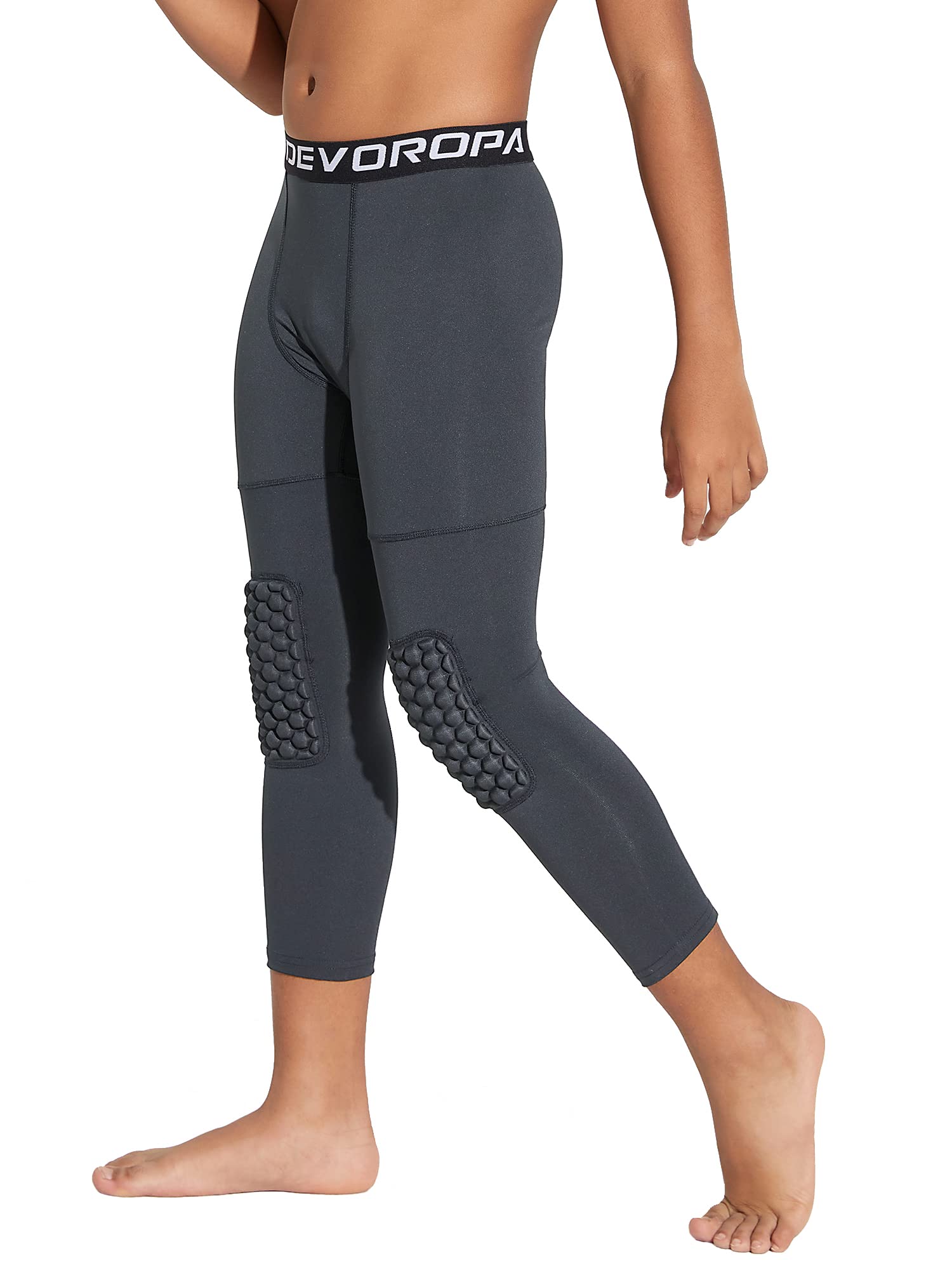 DEVOROPA Youth Boys' Compression Pants with Knee Pads 3/4 Basketball Athletic Tights Quick Dry Sports Workout Leggings
