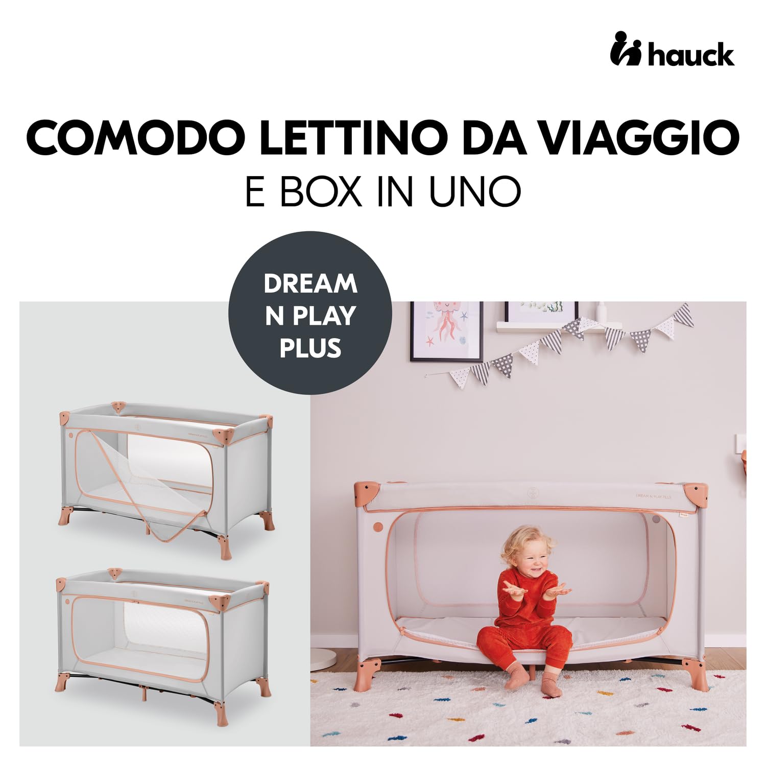 hauck Lettino Da Viaggio Dream N Play Plus - Culla Neonato Da 0 Mesi Fino a 15kg - Letto Pieghevole 120x60cm, Con Borsa - Box Bambini Con Apertura, Compatto - Dusty Cork
