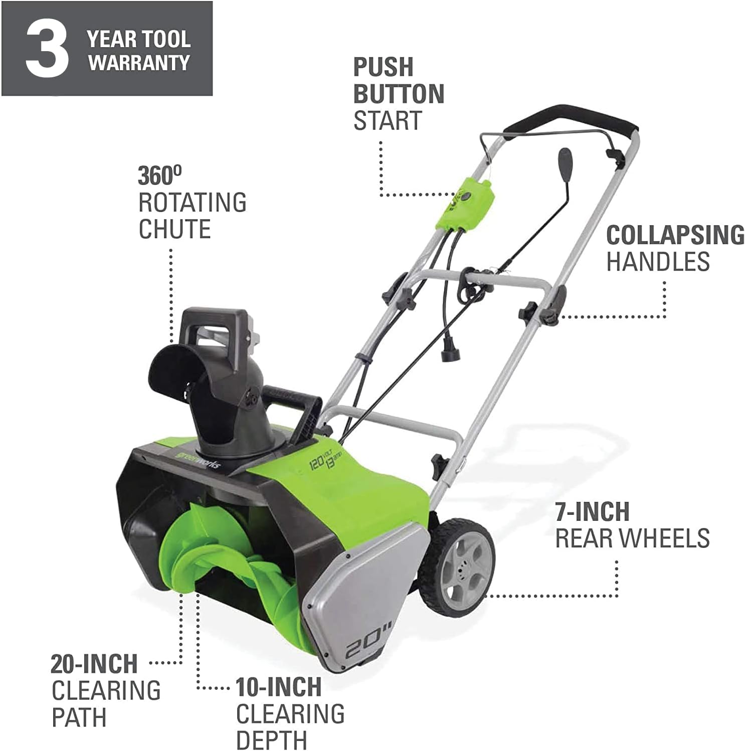 review Greenworks 13 Amp 20-Inch Corded Snow Blower, 2600502 & Yard Master 9940010 Outdoor Garden 120-Foot Extension Cord, Light Duty, Durable 16 Gauge 2 Pronged, Highly Visible, 10 Amps, Lime Green