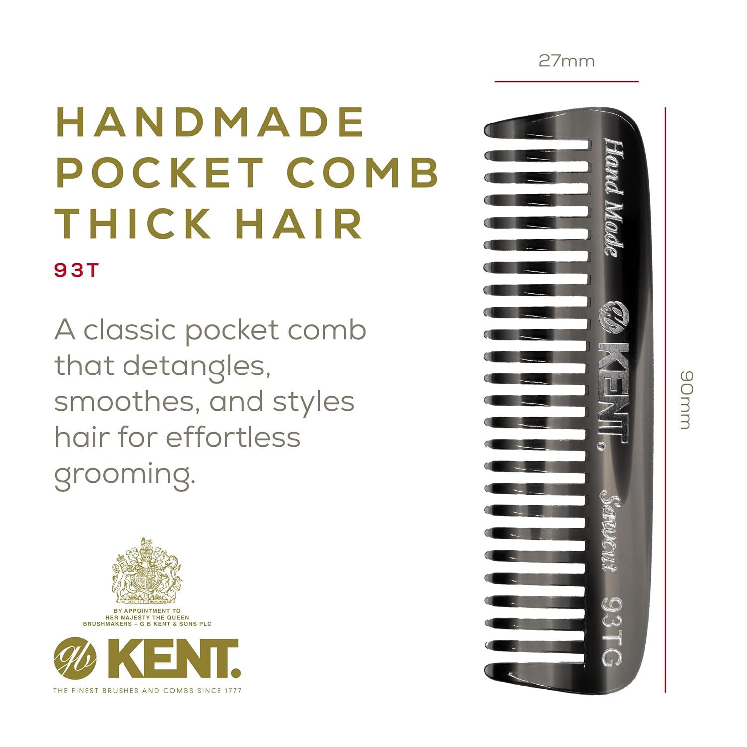Kent 93T Mini pettine da barba da uomo – pettine da uomo a denti larghi, pettine per baffi e pettine da barba ideale per peli del viso, piccolo pettine da viaggio tascabile, mini pettine districante