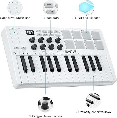 Miniatura 3 de M-WAVE Controlador de teclado MIDI USB de 25 teclas con 8 almohadillas retroiluminadas, teclado dinámico profesional semiponderado Bluetooth, 8