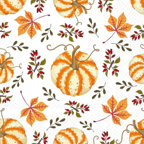 IHR Ideal Home Range Cocktail Napkins Disposable 3-Ply Paper Party Napkin Pack 5 x 5 Scattered Pumpkins 20-Count