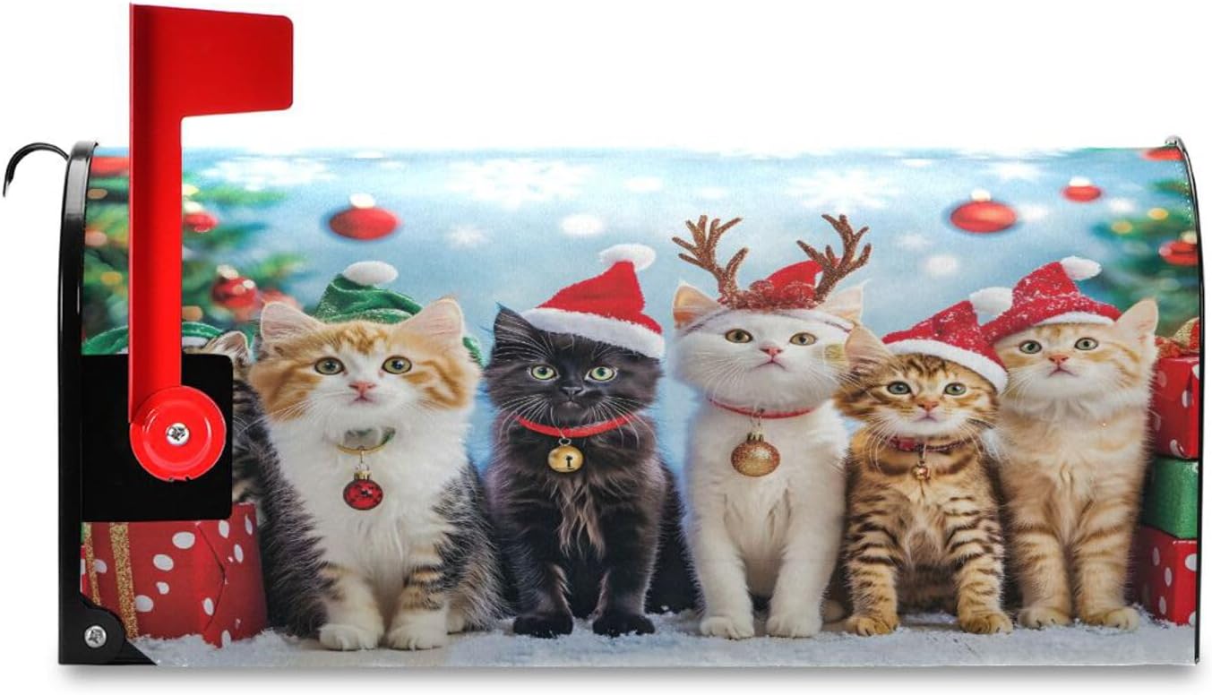 Christmas Mailbox Covers, Christmas Cat A Mailbox Post Box Covers Oxford Cloth with Magnetic Strip for Garden Yard Decor