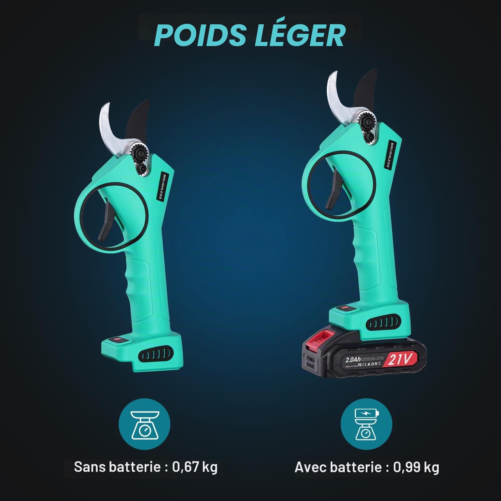 Sécateur Électrique Sans Fil - Sécateur électrique Portable avec 2 batteries 21 V/2000 mAh, Ouverture Réglable 20-30mm, Secateur electrique sans fil pour Vigne, Olivier, Haies, Rosiers, Arboristes