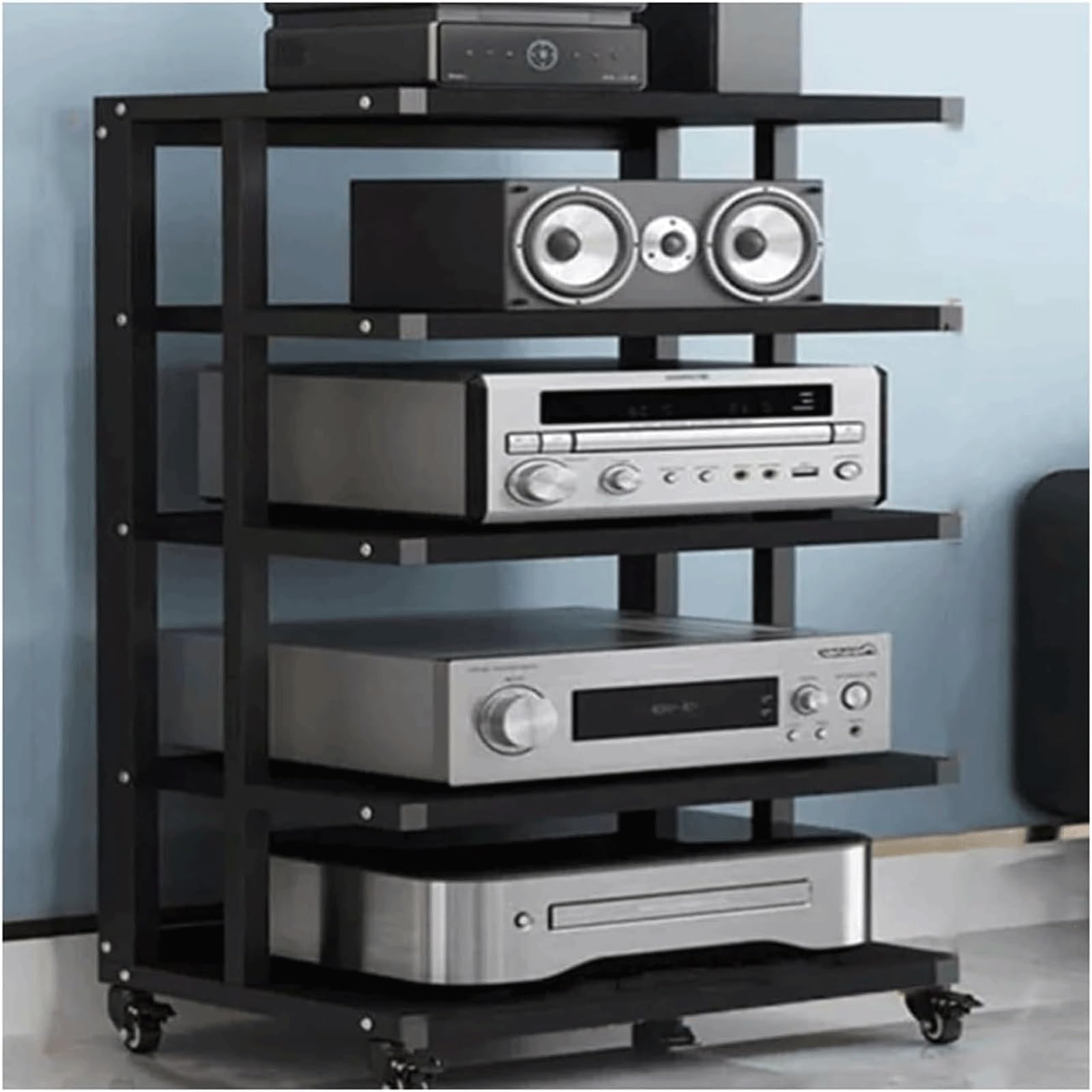 CWCQGH 5 Tier Wooden Audio Rack with Wheels Movable Stereo Cabinet for Equipment Open Audio Video Shelving Unit Strong and Stylish Home Entertainment Solution,Nero-5 Tier