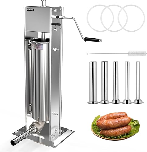 ROVSUN Máquina de relleno vertical de salchichas de acero inoxidable de 7 libras3 L, relleno de carne resistente de doble velocidad, con 4 tubos de