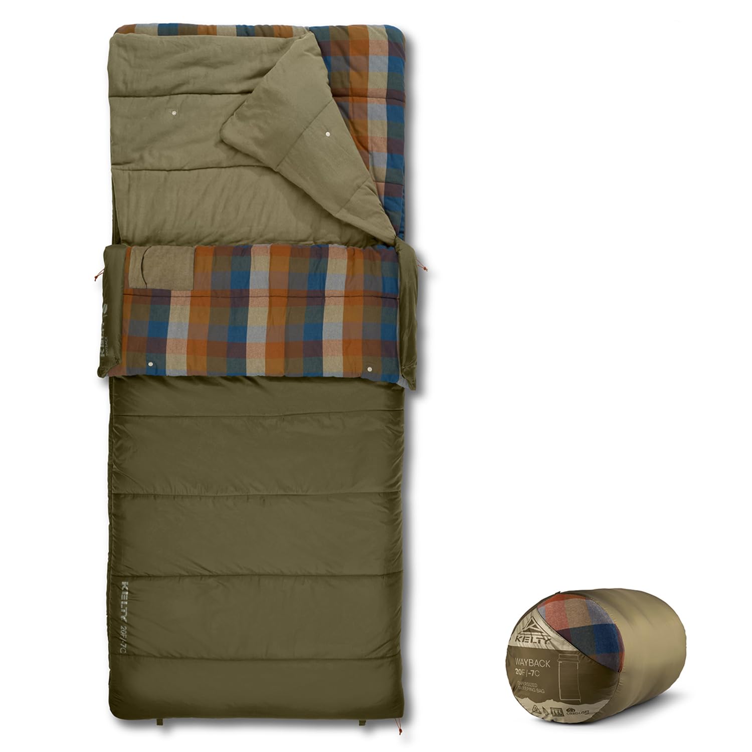 Kelty Wayback Flannel Lined Sleeping Bag, Built in Blanket, Traditional Rectangle Shape, Organic Flannel Cotton Liner, Dual Locking Slide Zips