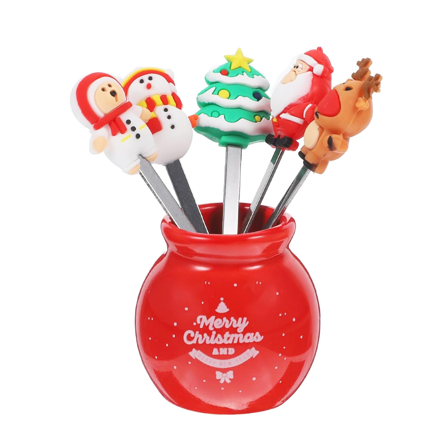 5 Pcs Christmas Fruit Fork with Ceramic Jar Holder Mini Stainless Steel Salad Fork Cartoon Santa Claus Xmas Tree Fruit Picks Cake Dessert Food Picks
