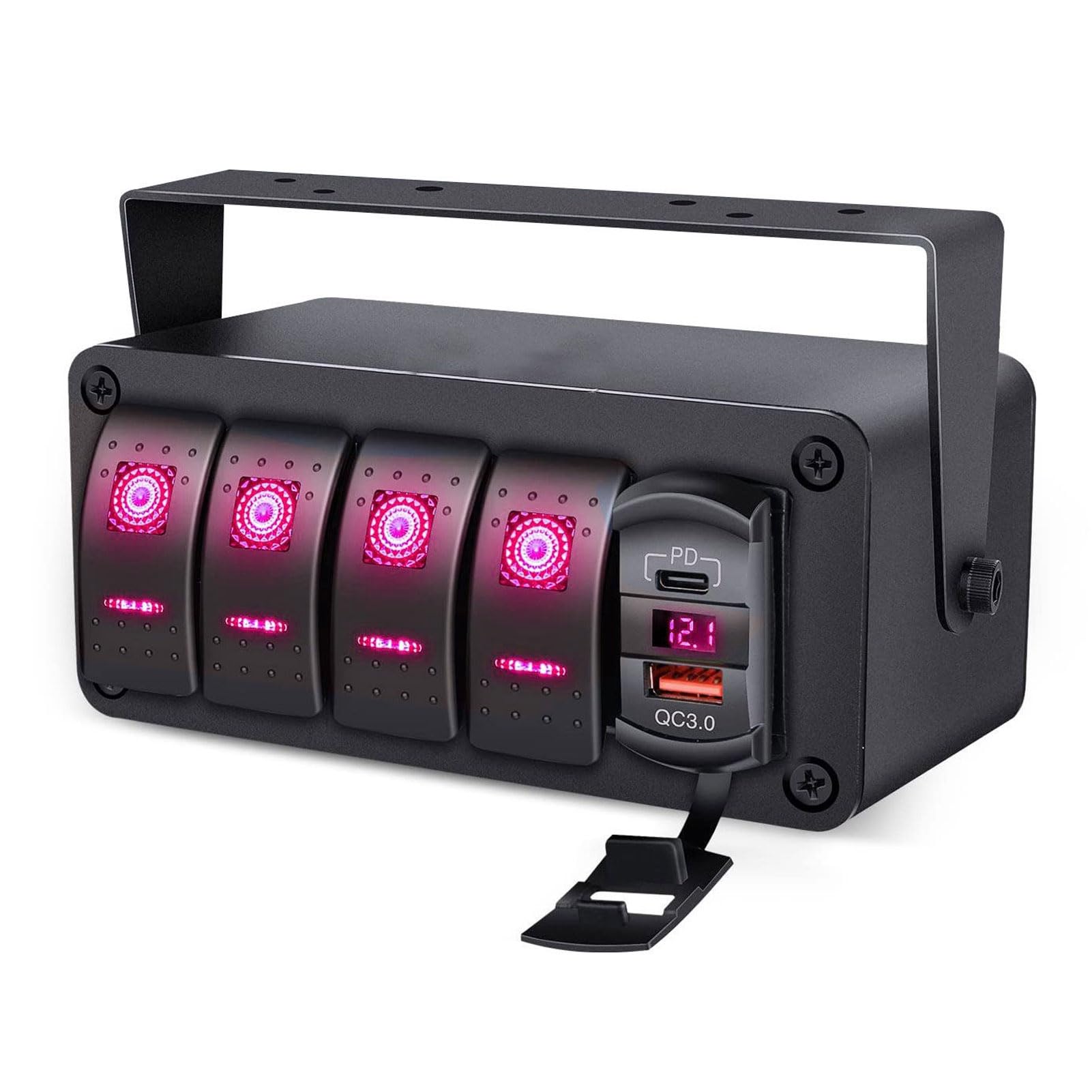 Ausla 4 Gang Pannello Interruttore a Levetta in Alluminio 12V 24V 20A Scatola Interruttore con Caricabatterie USB PD Tipo C QC 3.0 Display LED Tensione per Auto Camion Barche