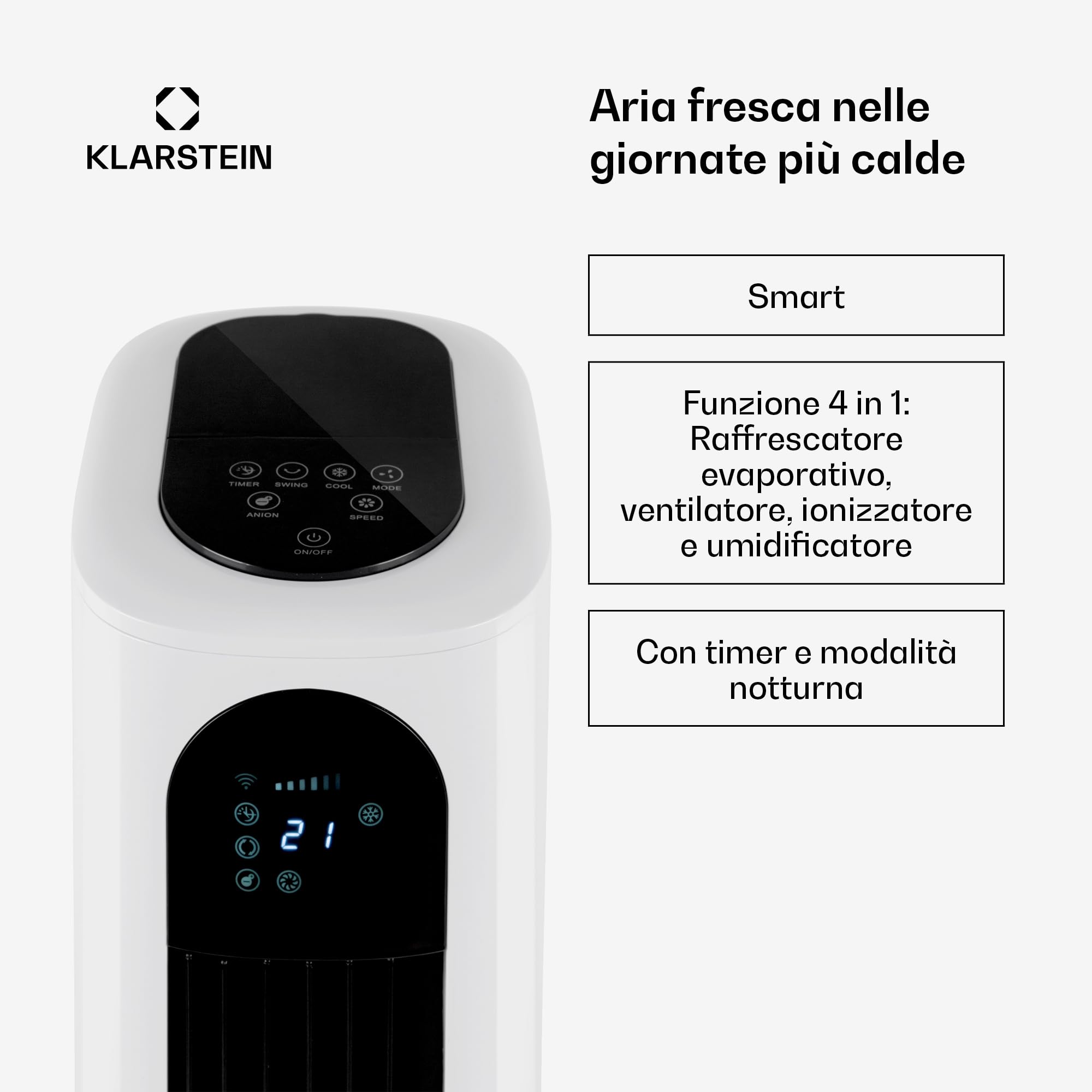 Klarstein Polar Tower Smart Raffrescatore Evaporativo 4-in-1 – Ventilatore, Umidificatore & Purificatore, Controllo App & Alexa, Serbatoio 7L, 3.306 m³/h, Timer, Modalità Notte, Portatile, Bianco