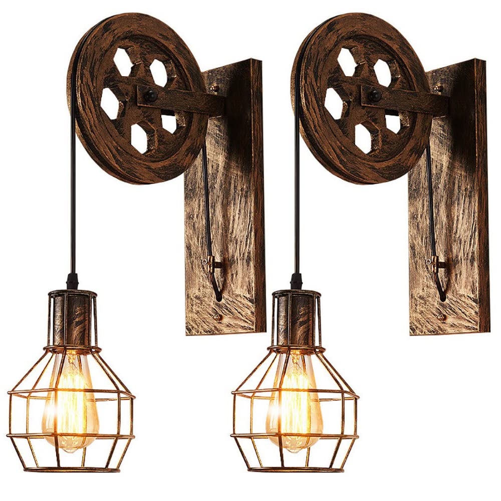 iDEGU 2 Stück Wandleuchten Vintage Wandleuchte im Industrial Design Retro Lampe Holz Riemenscheibe 1 flammige Hängelampe für Wohnzimmer Küche Restaurant (Bronze)