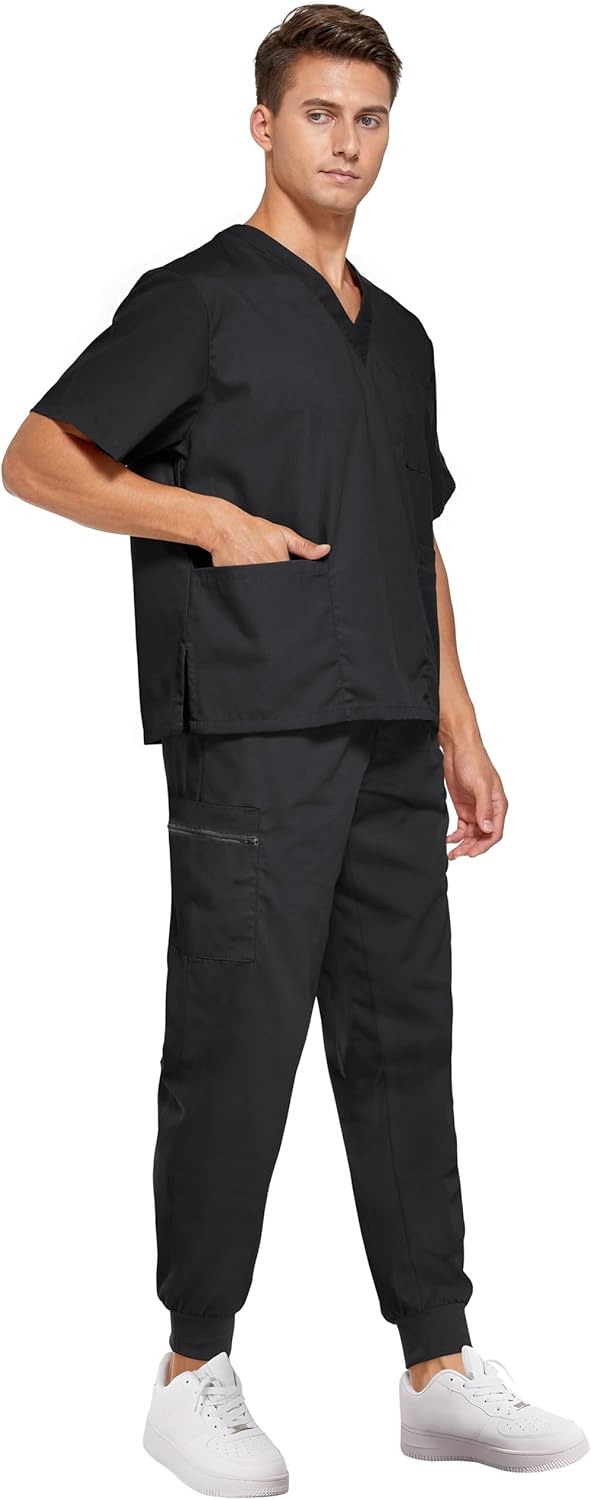 VOGRYE Men Scrubs Set — Stretch V-Neck Scrub Top & Jogger Pant with 8 Pockets, Yoga Waistband, Anti-Wrinkle Scrubs for Men - Image 3
