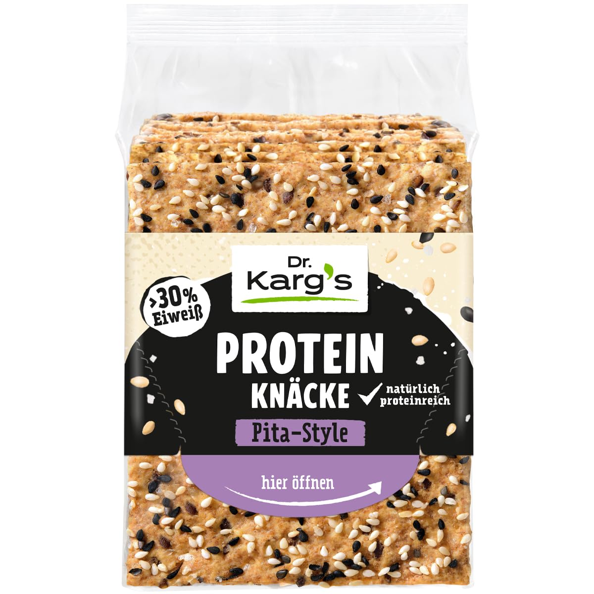 Dr. Karg’s Protein-Knäckebrot Pita-Style - knusprig, vegan, mehr als 30% Protein & weniger Kohlenhydraten, proteinreich, mit Sesam, Meersalz und Schwarzkümmel, vegan, ohne Zusatzstoffe, 12x150g