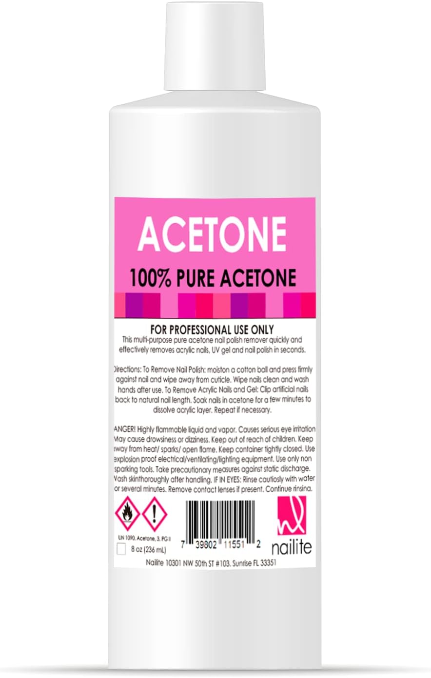 Nail Polish Remover – 100% Pure Acetone, Quick Professional Ultra-Powerful Remover, for Natural, Gel, Acrylic, Shellac Nails and Dark Colored Paints (8 Fl. Oz.)