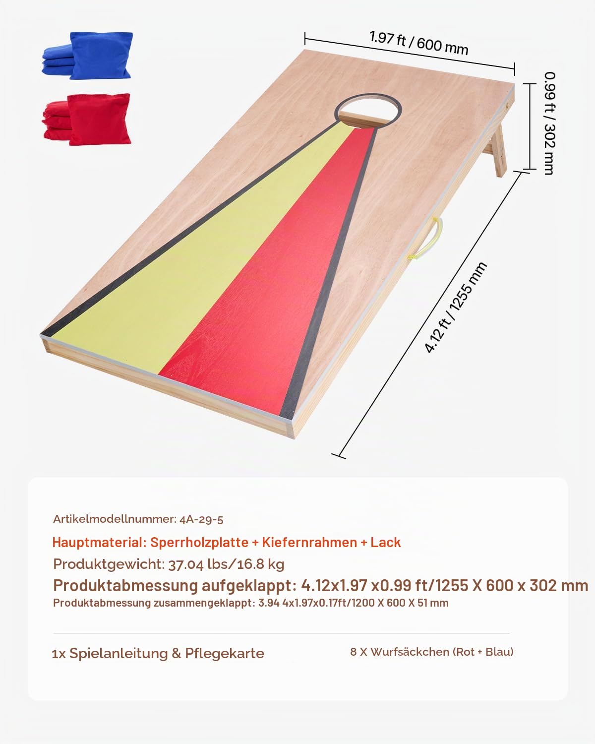 VEVOR Cornhole Spiel Set (1255 x 600 x 302 mm) Cornhole-Spielbretter, tragbares Wurfbrett aus Massivholz, Cornhole-Spiel für Erwachsene, inkl. 8 Sitzsäcken & Griff, für Garten Hinterhof Camping
