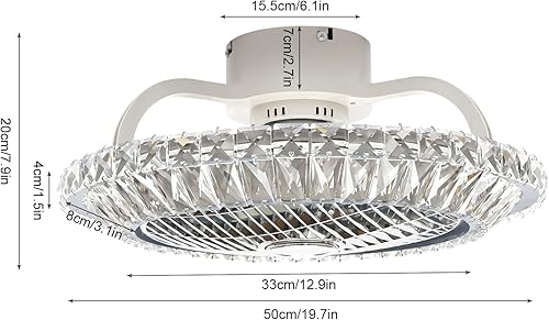 Miniatura 3 de TFCFL Ventilador de techo de cristal con luz 20 pulgadas moderno de lujo invisible control remoto montaje semiempotrado hoja cerrada ventilador de