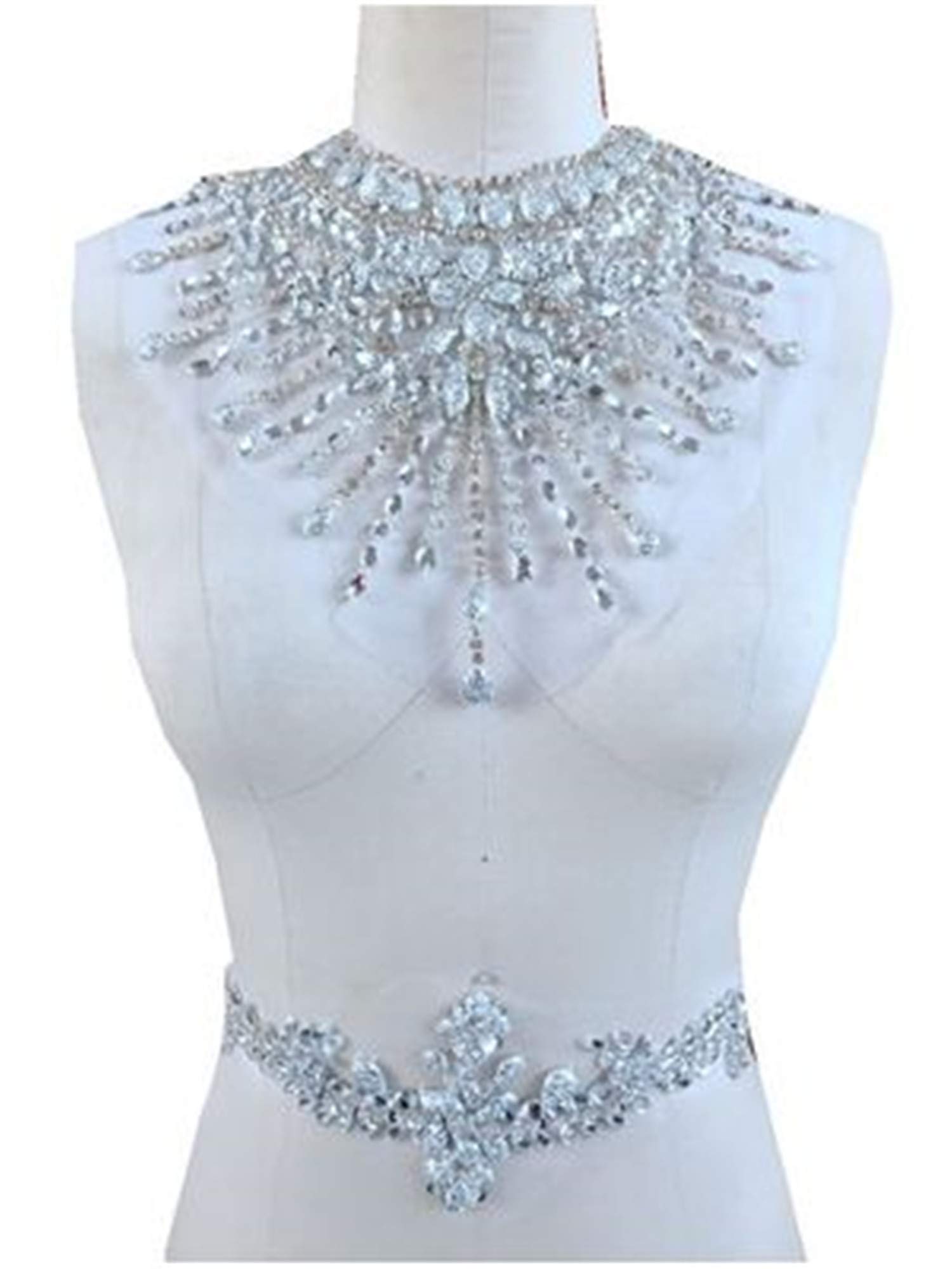 Sparkling Bodice Sparkling Bodice Heavy Rhinestone Applique Motif Beads Diamante Lace Patch Sewing on Bridal Wedding Dress Dance Gown (Silver)