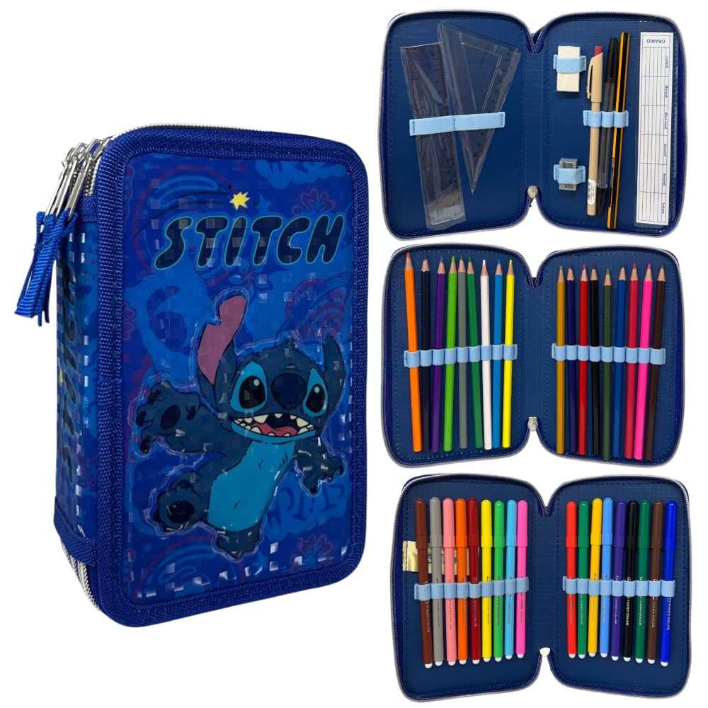 CARTOON 3 Zip Pencil Case for School Complete 44 Pieces Stationery Pen Papermate Markers Giotto Accessory for Kids and Teens, Stitch, 20 x 13 x 6 cm, Pencil Cases