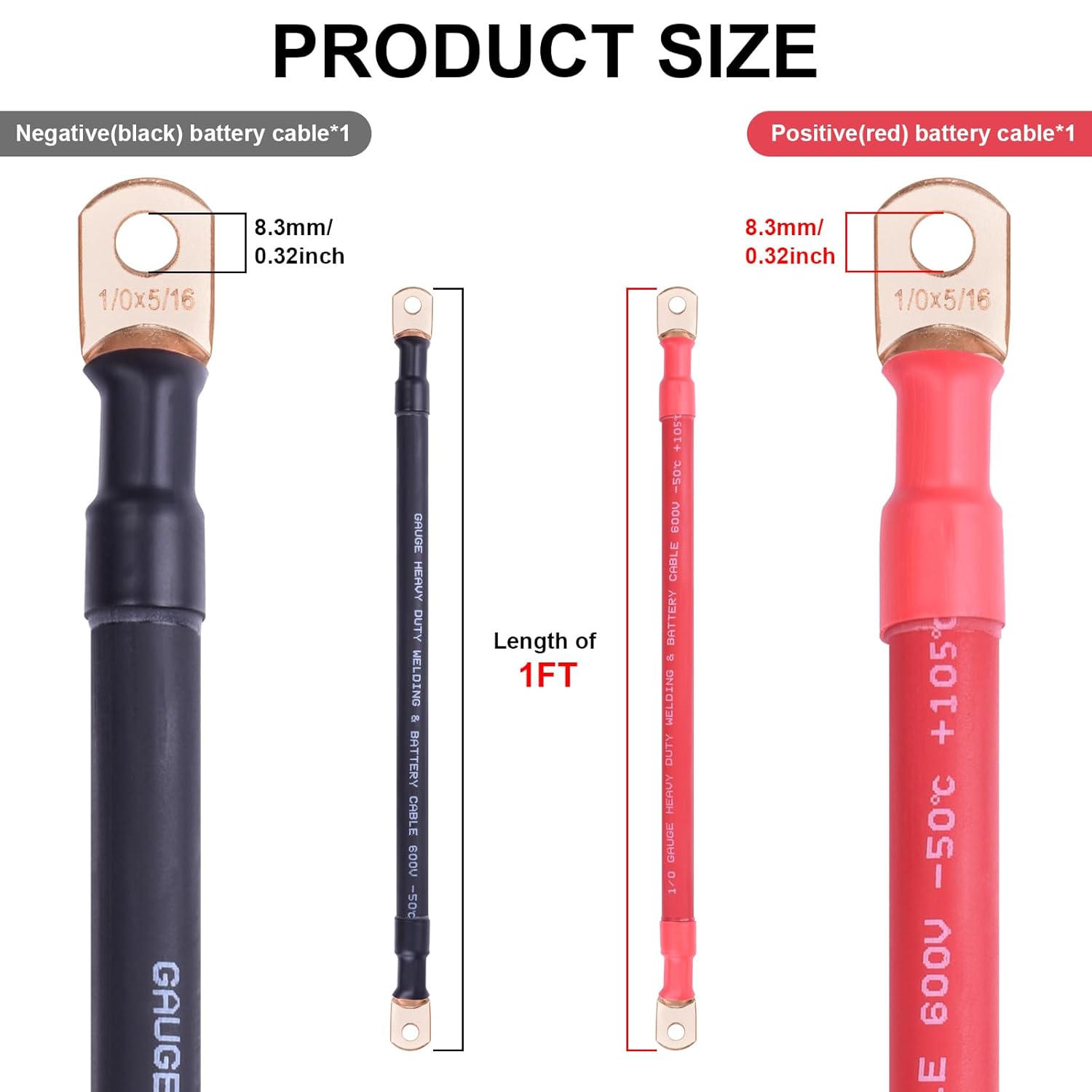 iGreely 1/0 AWG Battery Cable,1/0 Gauge Welding Battery Copper Wires with 5/16'' Lug Terminals for Car Solar Automotive RV Marine Boat,DIY for Replacement Parts & Accessories (Red + Black 1FT Pair)