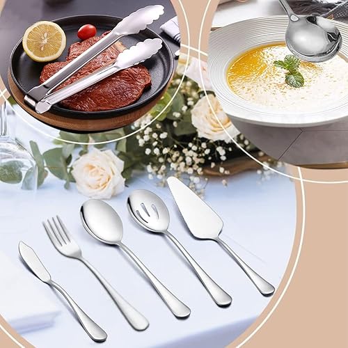 Miniatura 5 de IAXSEE Juego de 12 utensilios plateados para servir de acero inoxidable cucharas ranuradas tenedores para servir pinzas para servir pasteles cuchara