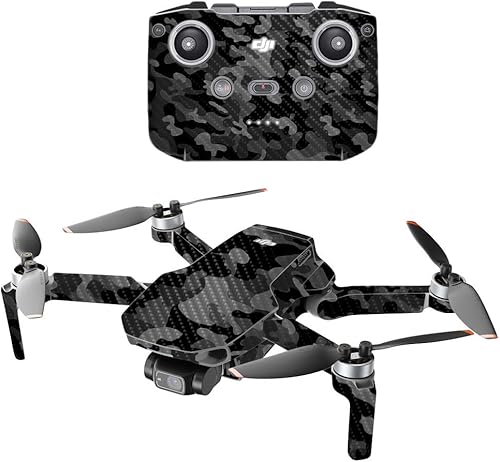 MightySkins - Drone portátil de fibra de carbono compatible con DJI Mini 2, camuflaje negro, acabado de fibra de carbono texturizado protector,