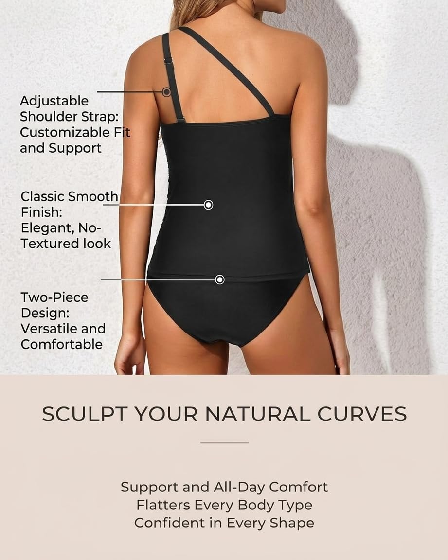 Tempt Me Two Piece Tankini Set Swimsuits for Women Tummy Control Bathing Suit One Shoulder Swimwear with Bikini Bottoms